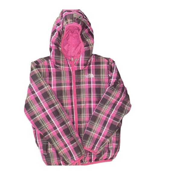Girls North Face Reversible Puffer Jacket 550 Goose down Barbie core Sz M READ - Picture 1 of 13